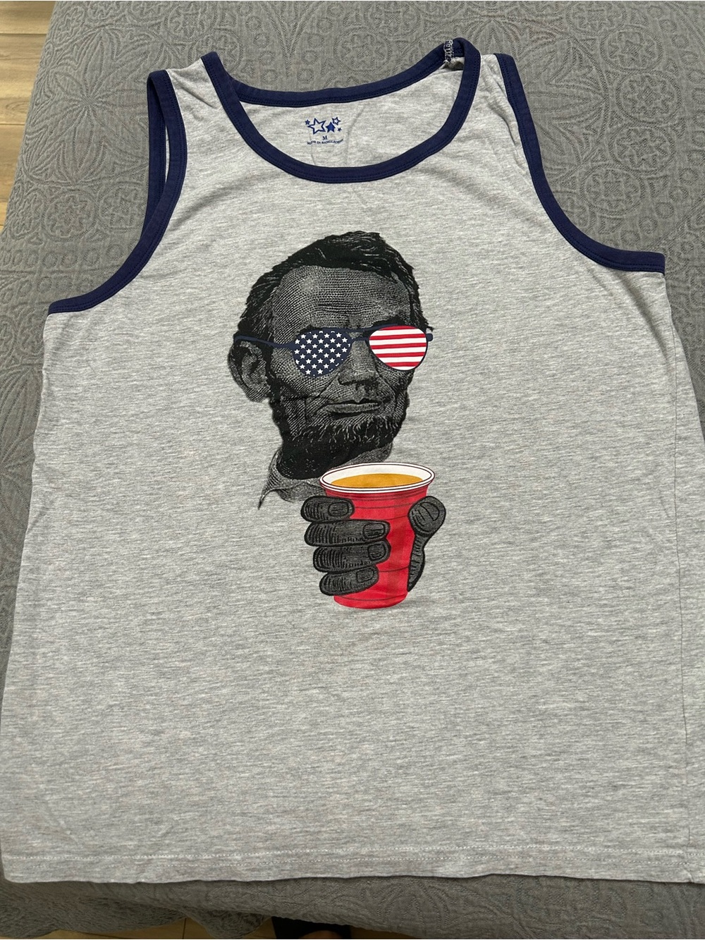 Grey Tank Top with Lincoln Graphic and Navy Trim